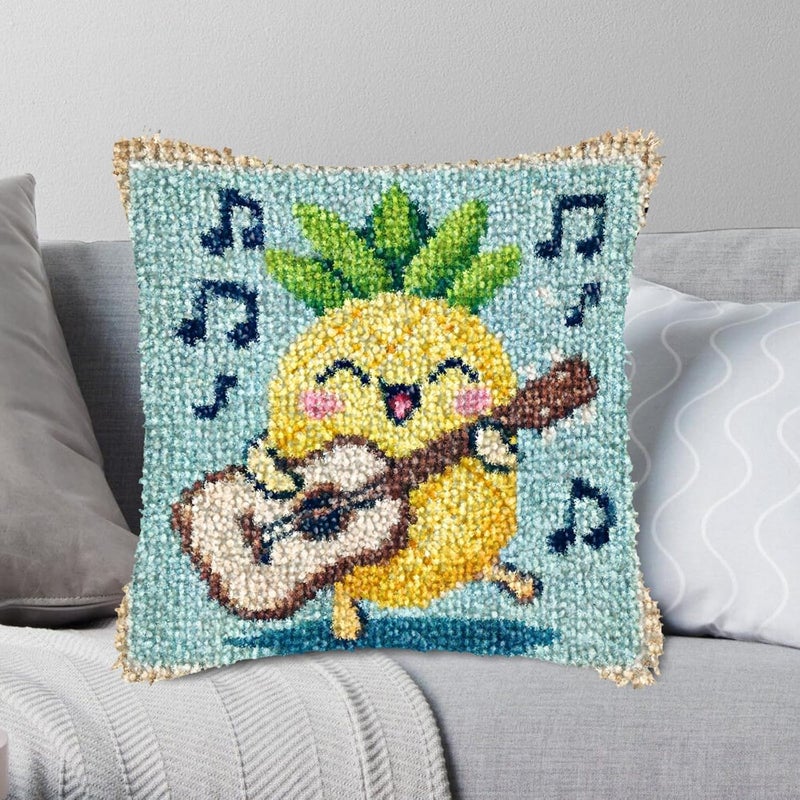 YP Handmade Pillowcase Pineapple Guitarist Latch Hook Kit - 18x18 Inch DIY Craft for Adults & Kids, Beginner-Friendly Design for Throw Pillows & Gifts - Image 1